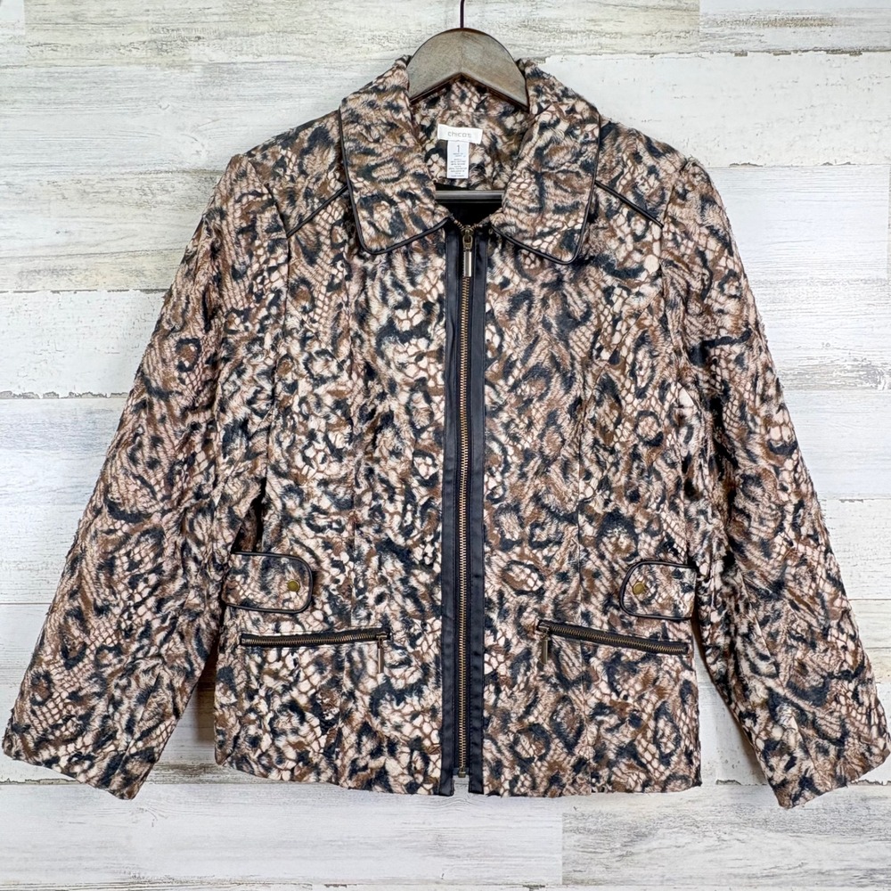 Chicos Queen of Elegance Margaret Faux Fur Jacket Sz 1/US 8 M Brown Blk Full Zip